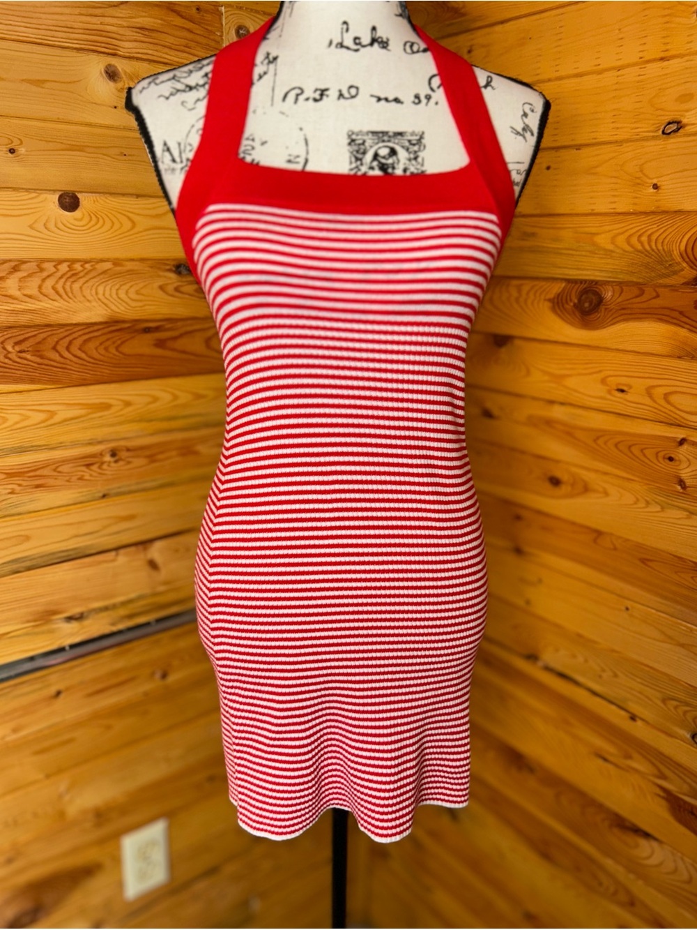 Red and White Striped Knit Halter Dress